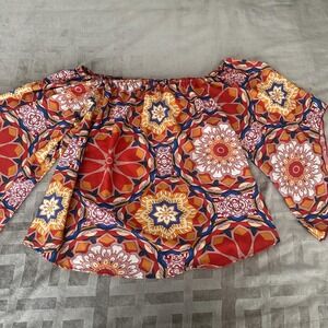 Shein Curve Blouse Women 3XL Red Floral Off Shoulder Bell Sleeve Boho PeasantTop